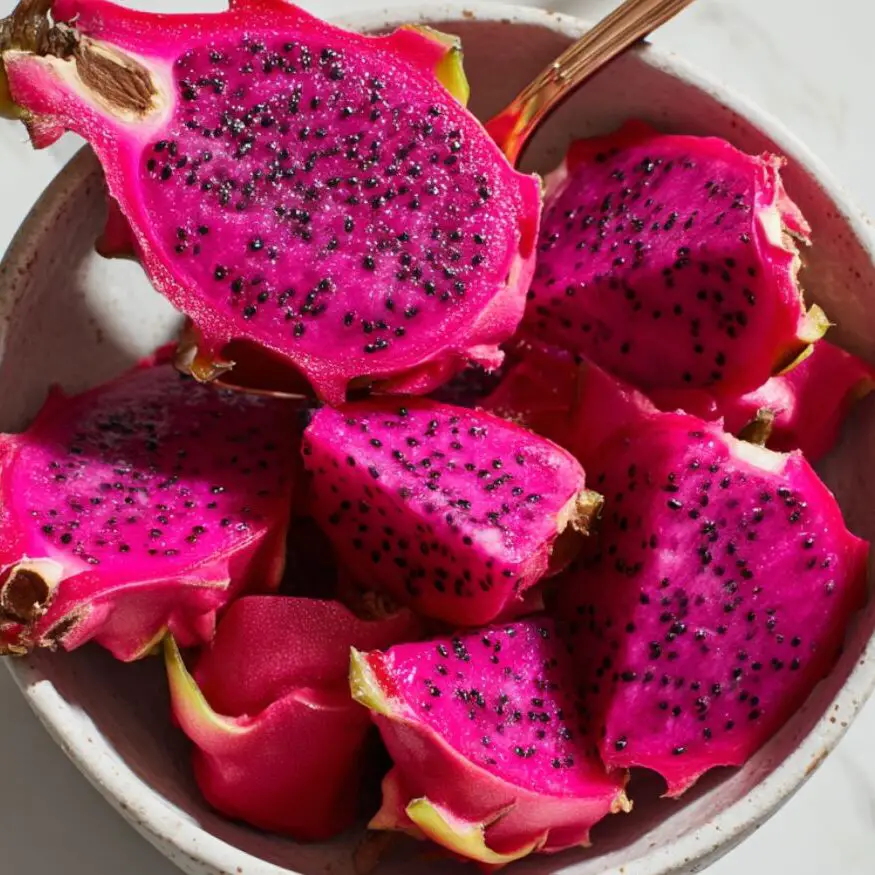 Dragon fruit being scooped out and cut into chunks on a kitchen counter.