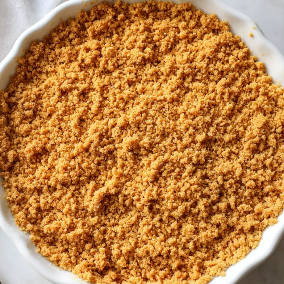 Graham cracker crust being pressed into a pie pan