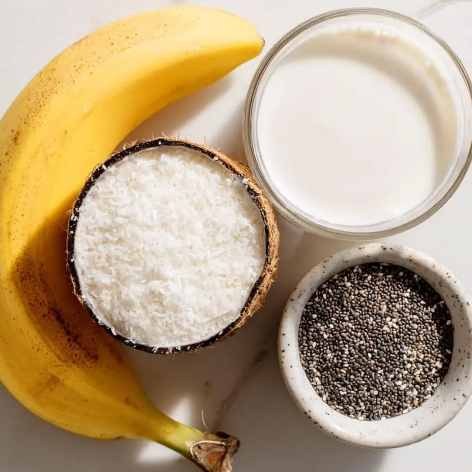 Measured smoothie ingredients laid out on the counter ready for blending