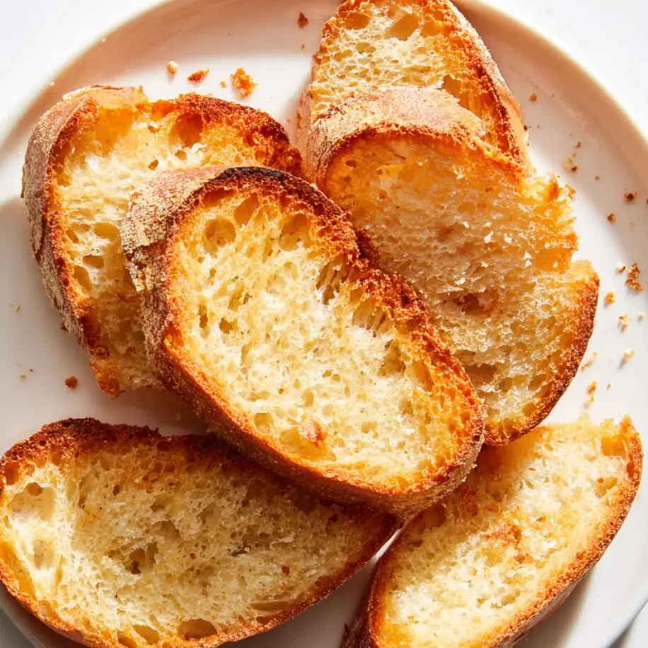 Golden toasted artisan bread slices on a kitchen counter