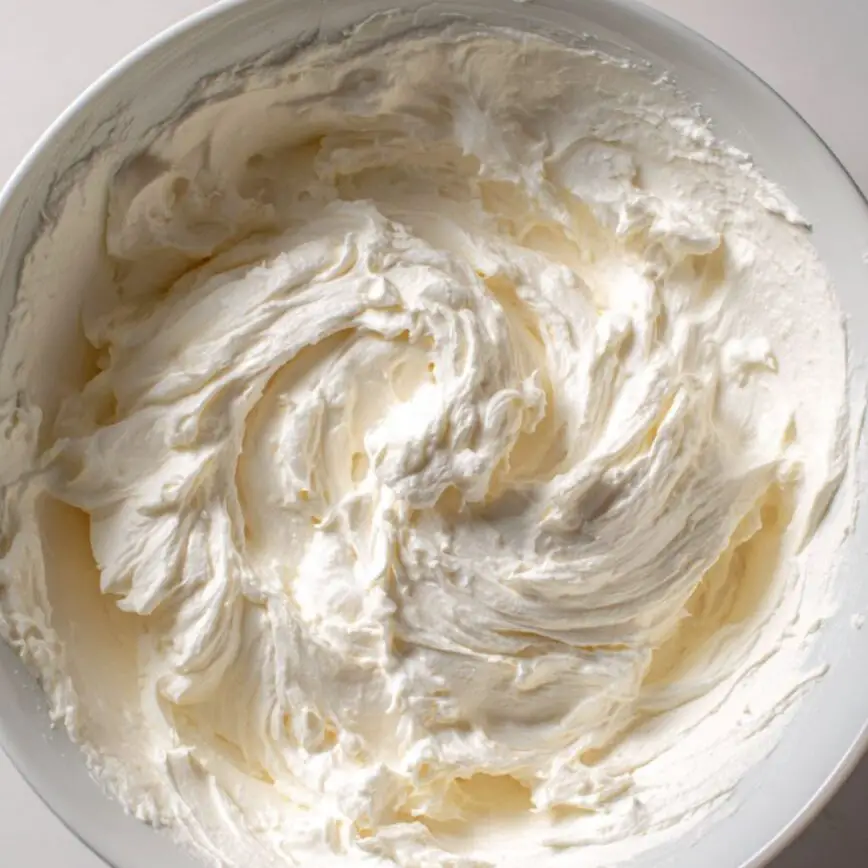 Cream cheese and whipped cream mixture being folded together in a bowl