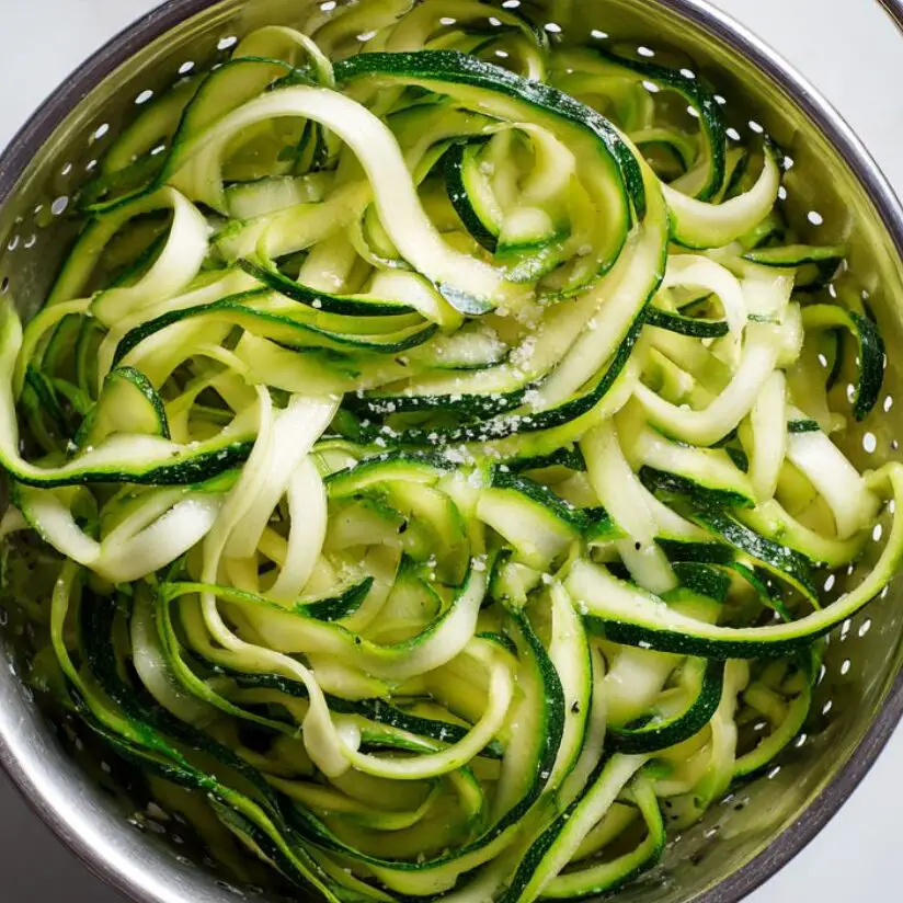 Zucchini ribbons draining in colander with salt