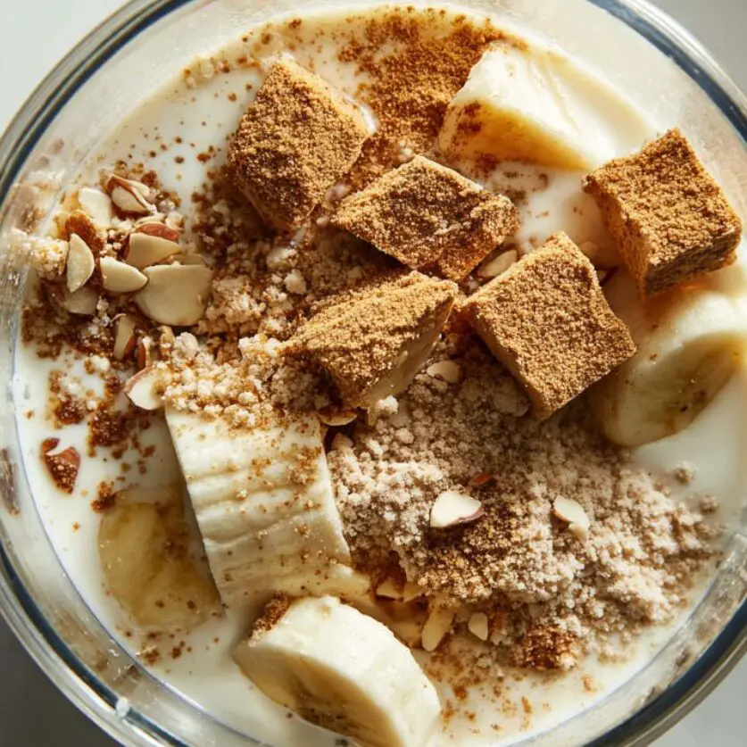 Ingredients inside blender ready to make Vanilla Chai Protein Shake