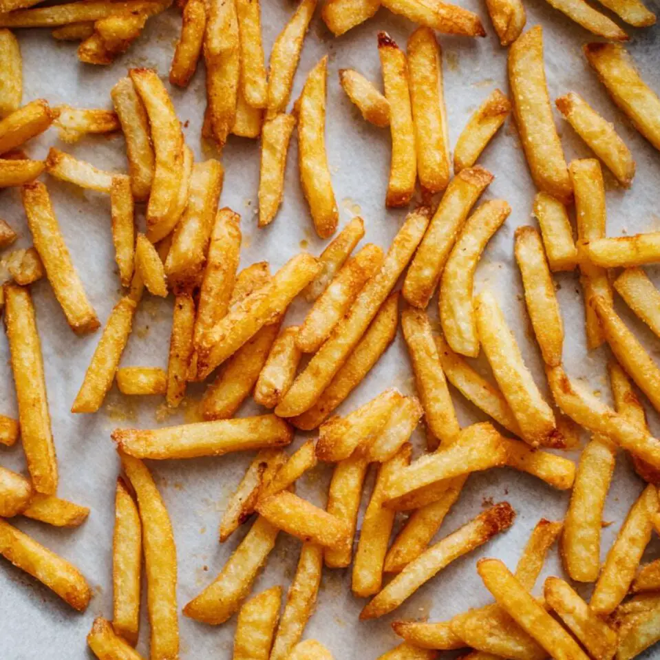 Frozen fries baking on a tray for spicy cheese fries recipe.
