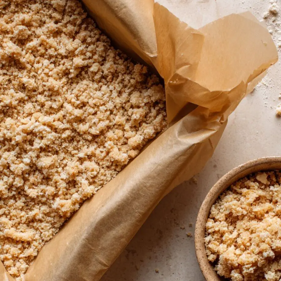 Oat and flour crumble being pressed into a pan for the strawberry crumb bars base

