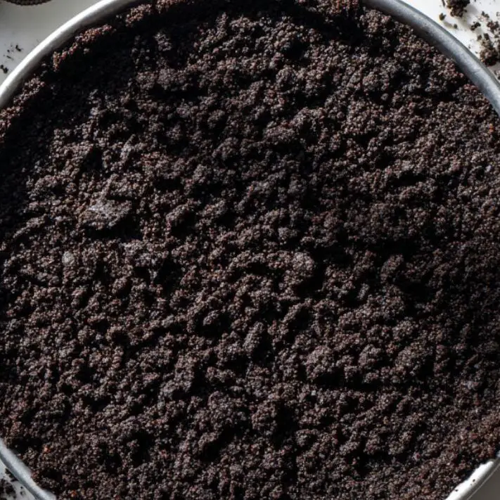 Oreo cookie crust pressed into a pie dish, ready to chill.