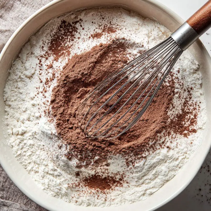 Bowl of dry ingredients ready for mocha muffin batter

