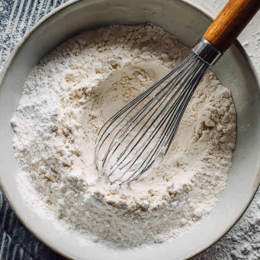 Mixing flour, baking soda, and salt in a bowl
