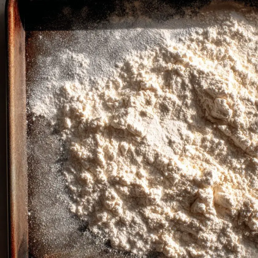 Flour heat-treating in an oven on a baking sheet for cookie dough bites

