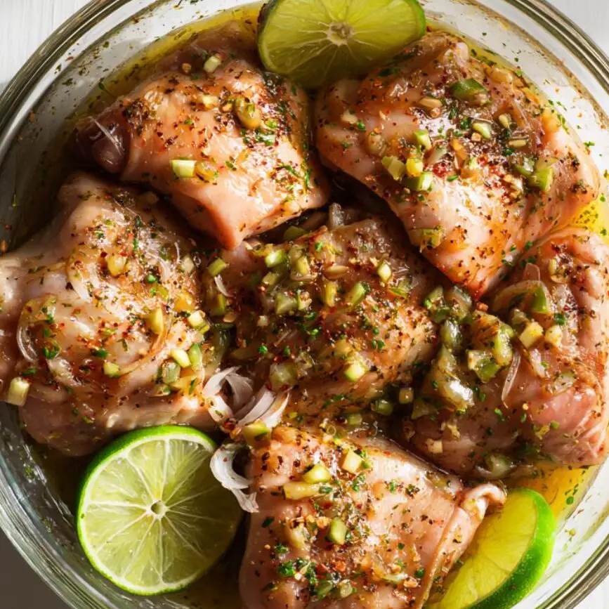 Chicken marinating with spices in a glass bowl