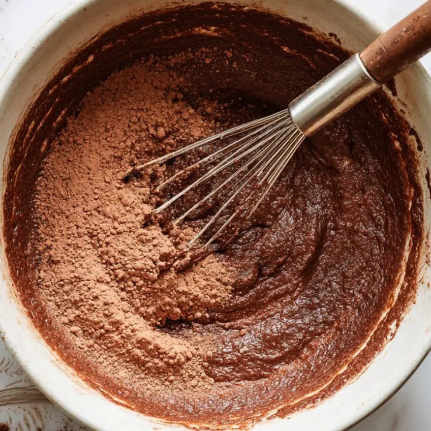 Mixing chocolate cake batter for hot fudge pudding cake