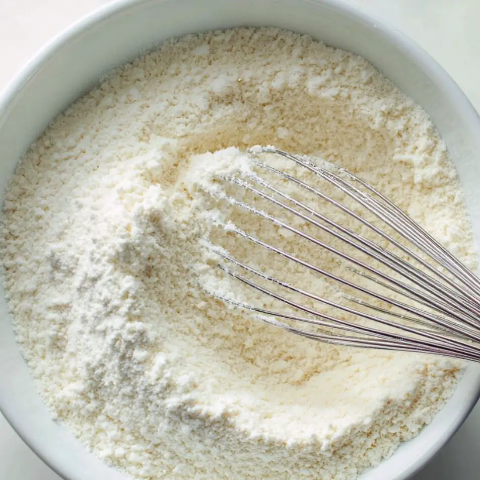 Mixing almond flour and dry ingredients in a white bowl.

