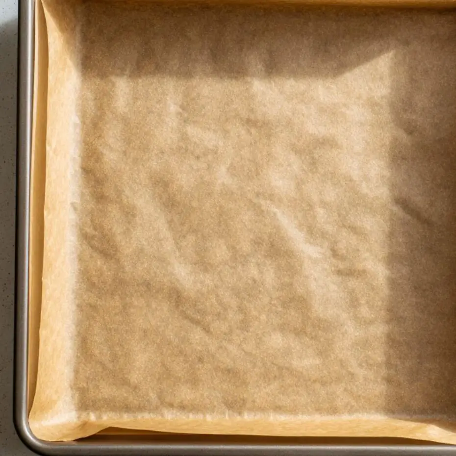A parchment-lined 9x9 inch baking pan prepared with a light grease.


