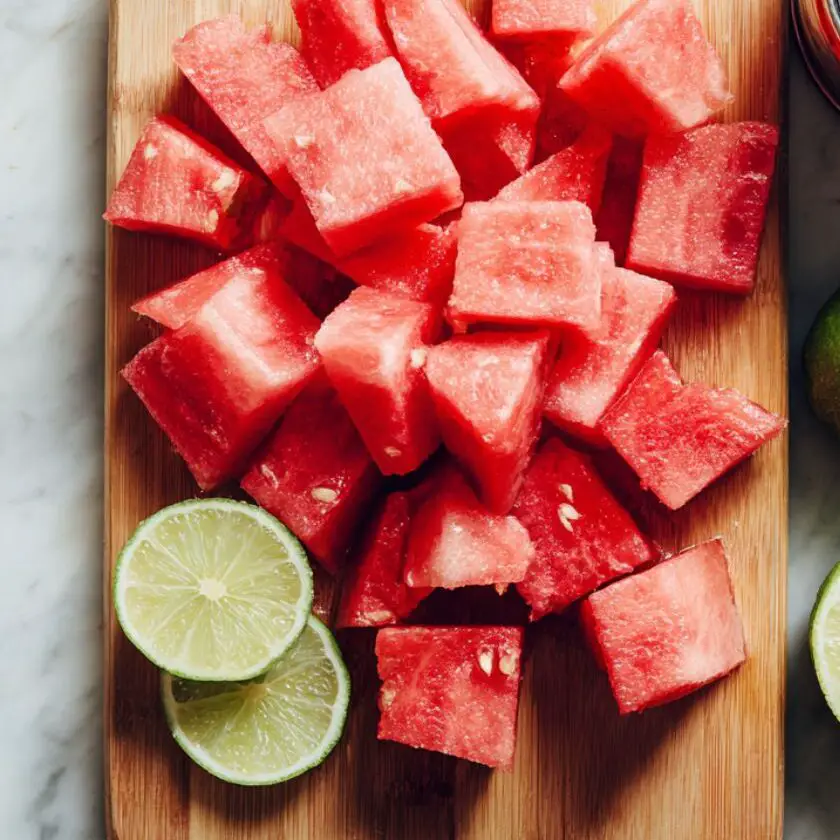 Chopped watermelon and juiced limes ready on the counter
