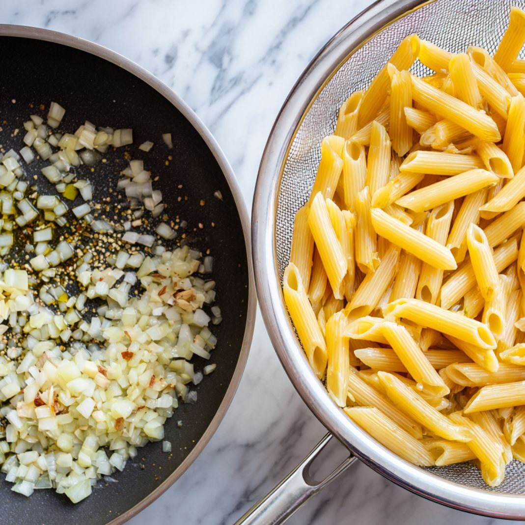 Sautéed garlic and onion next to drained pasta on the counter