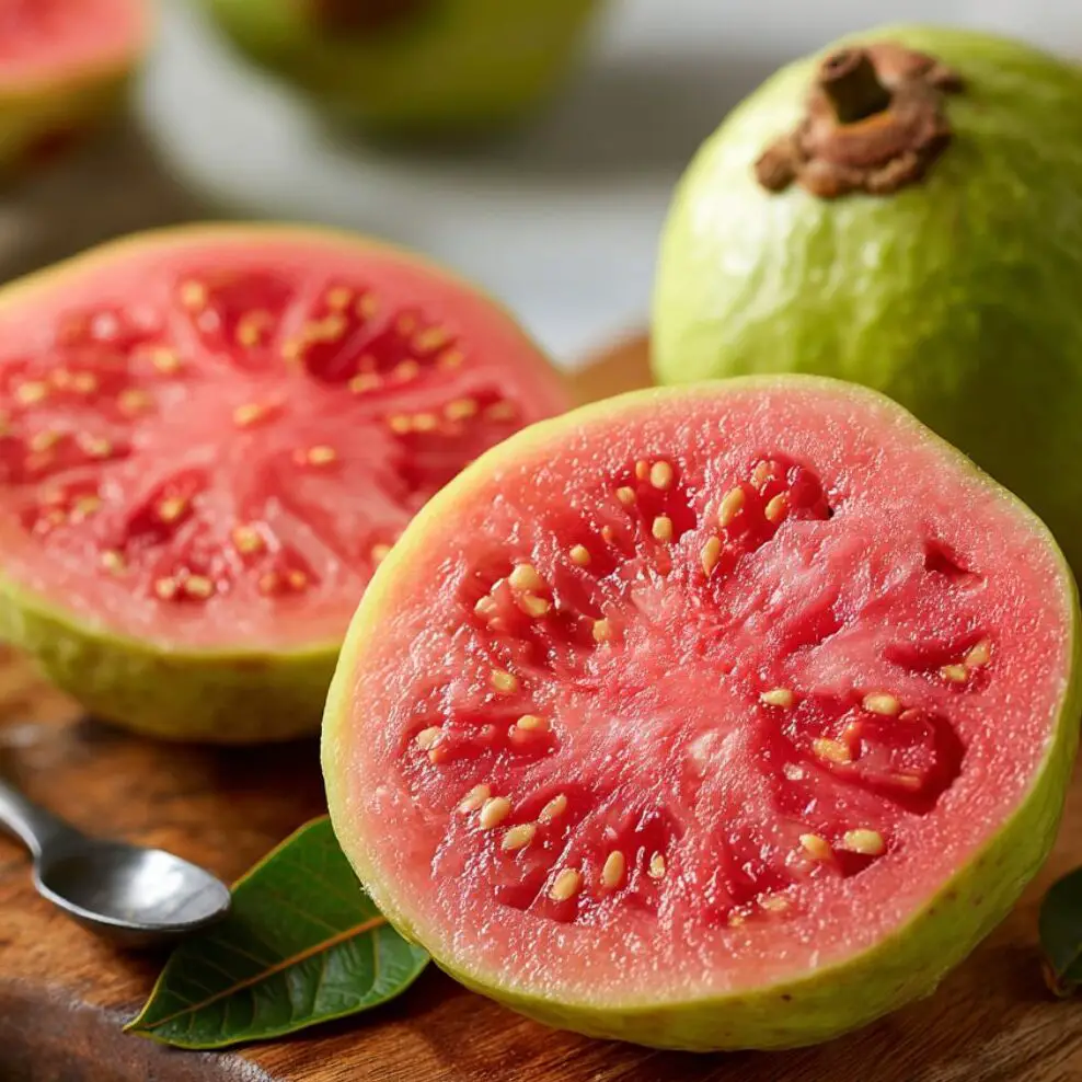 Chopped guava pieces on a white kitchen counter with seeds removed


