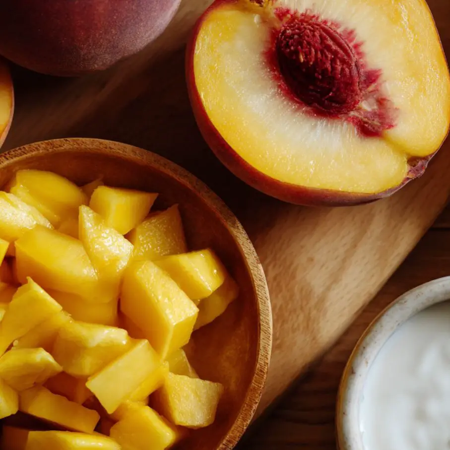 Peach being sliced and mango measured out on a cutting board with other ingredients nearby