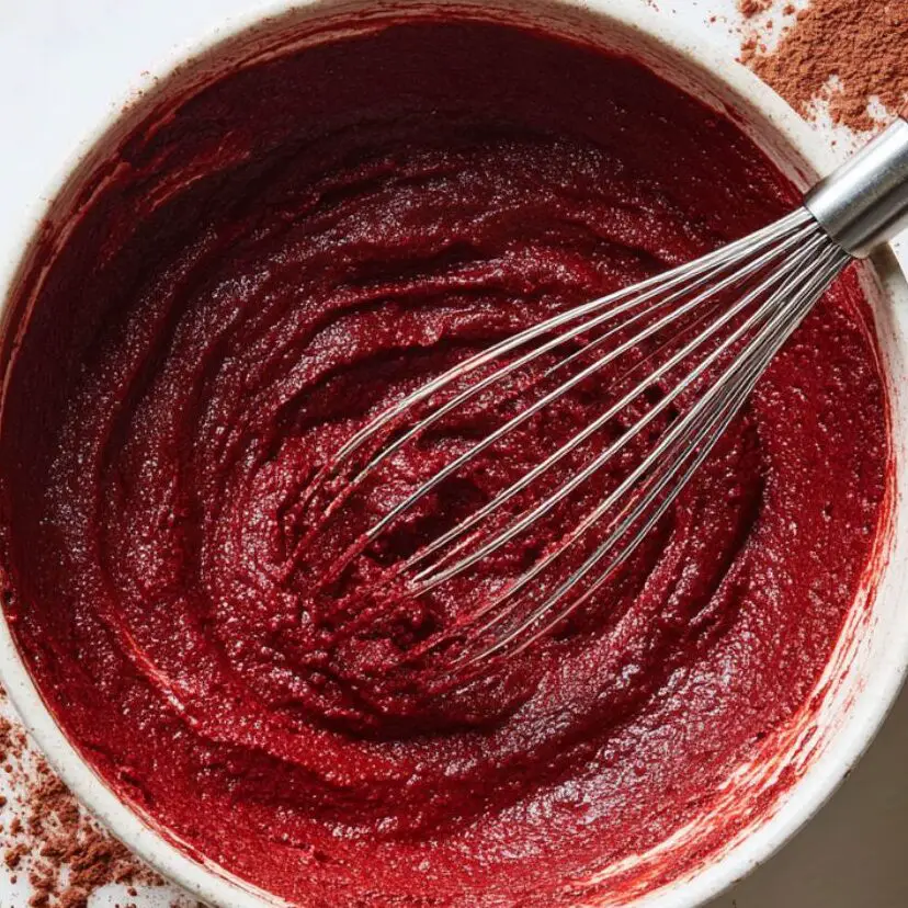 Red velvet pudding base being whisked in a mixing bowl