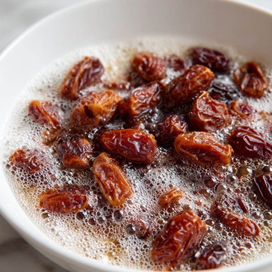 A bowl of chopped dates soaking in hot water with foam forming on top, prepping for baking.

