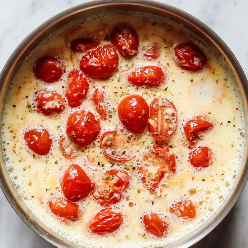 Cream and cherry tomatoes simmering in a pan on a marble countertop