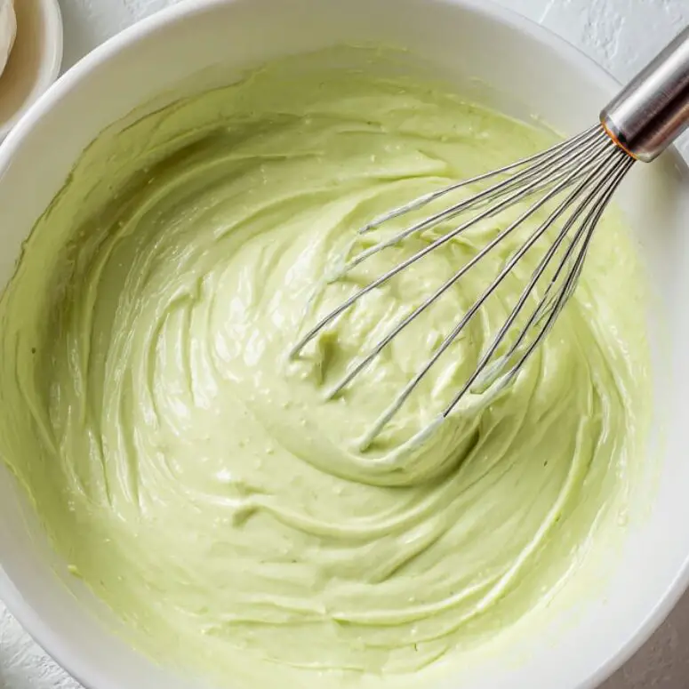Pistachio pudding mixture being prepared in a mixing bowl