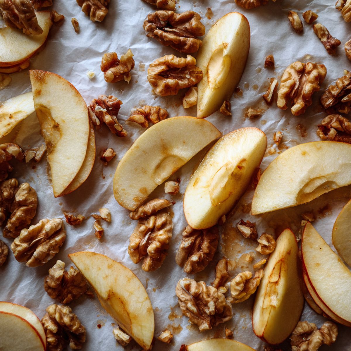 Sliced apples beside toasted walnuts on a white counter.