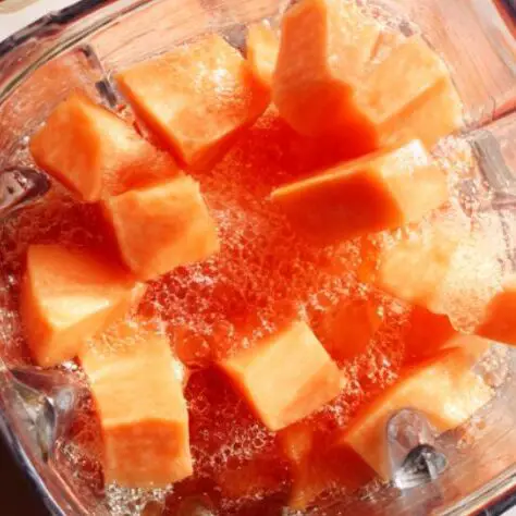 Blender filled with ingredients for papaya juice