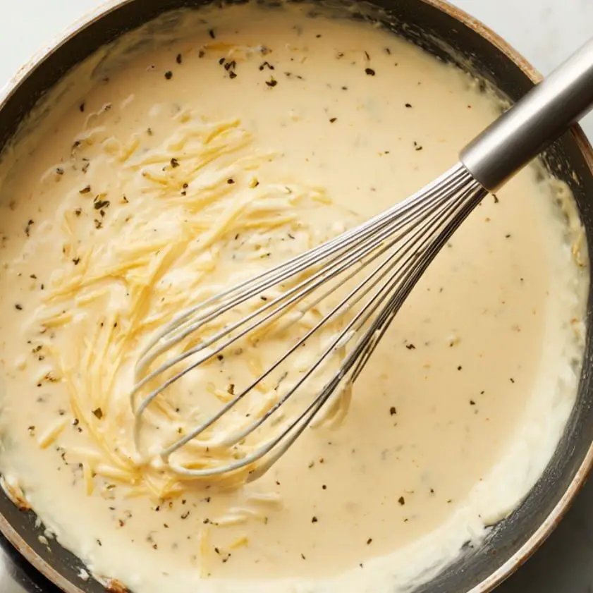 Creamy four cheese sauce cooking in a skillet
