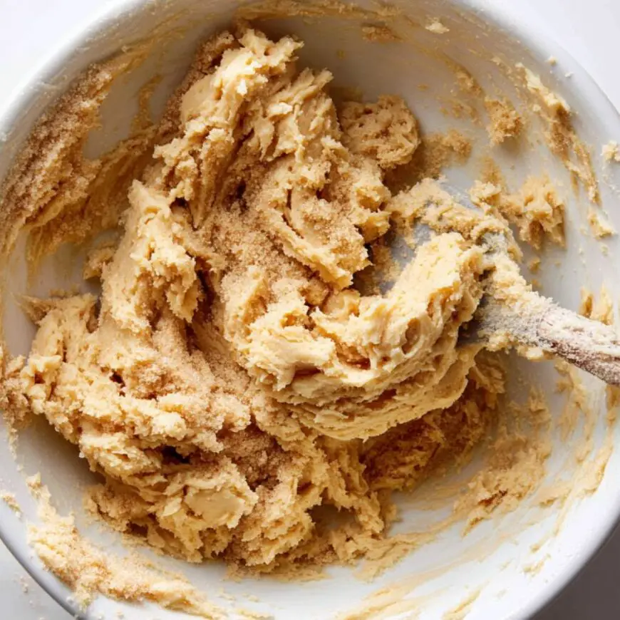 Creamed butter and sugar being mixed for cookie dough
