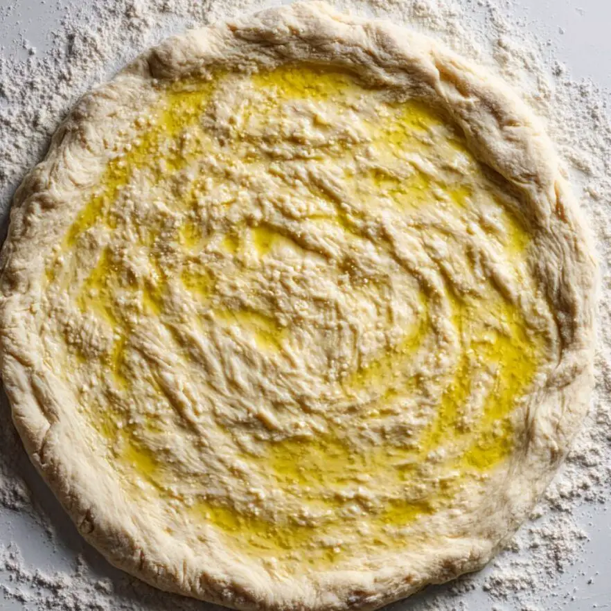 Pizza dough brushed with garlic olive oil on a floured surface