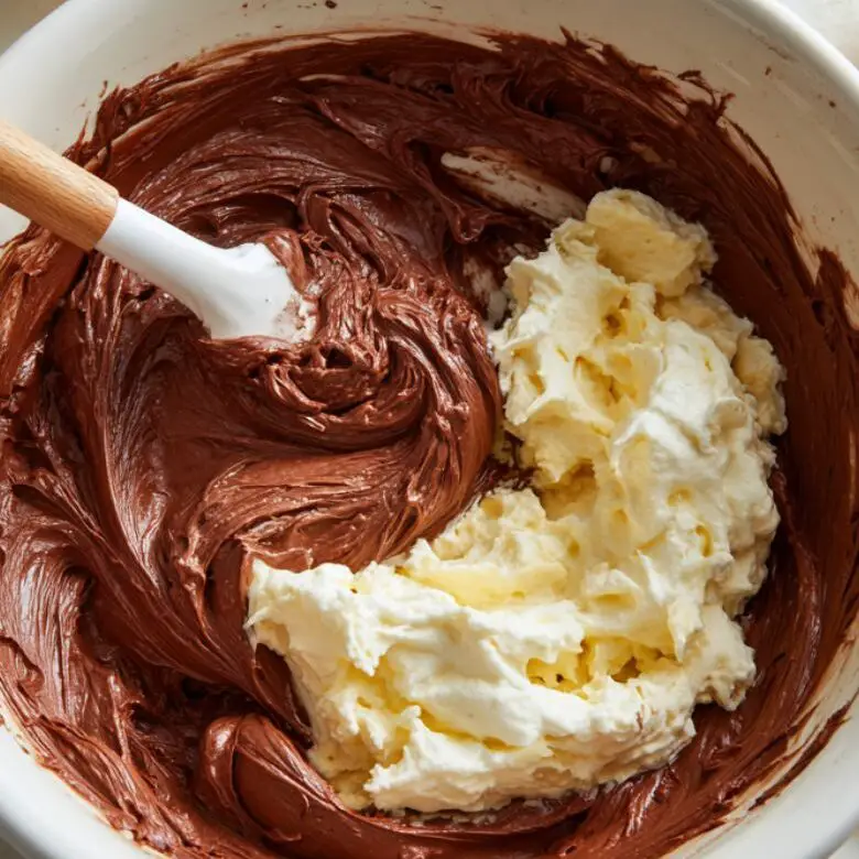 Nutella and cream cheese being mixed in a bowl to create the pie filling.