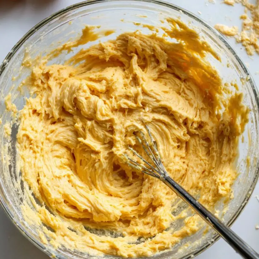 Creamy almond cake batter in a glass mixing bowl.
