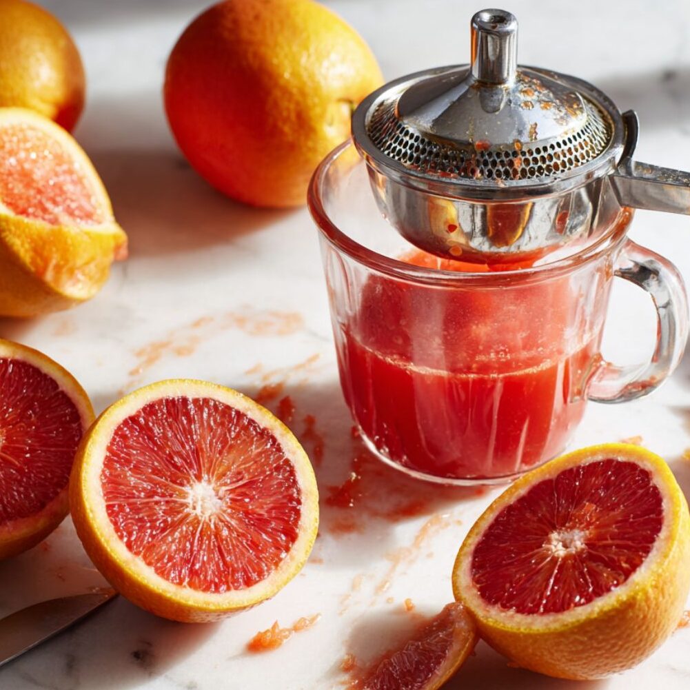 Manual juicer extracting blood orange juice with pulp and skins nearby.

