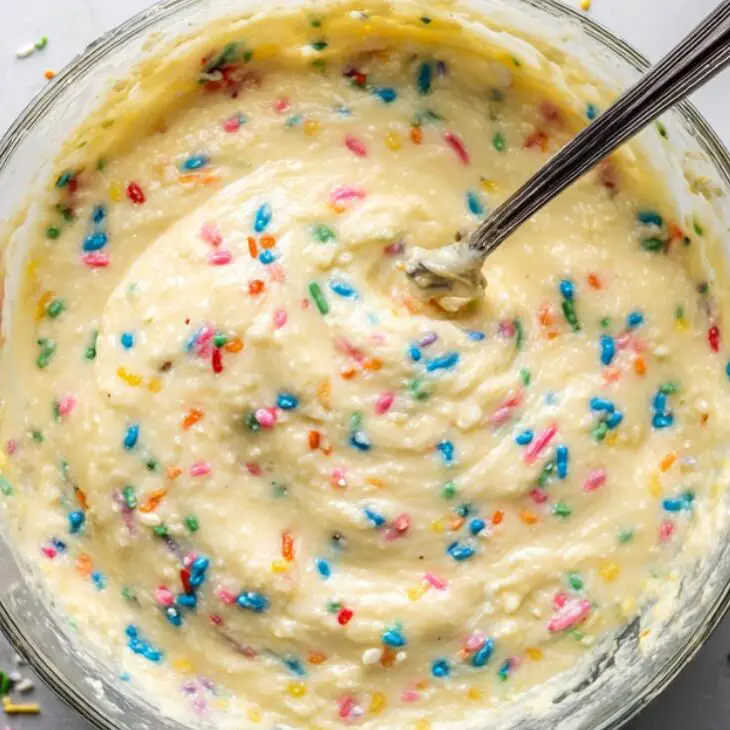 Mixing Funfetti cake batter with sprinkles in a glass bowl

