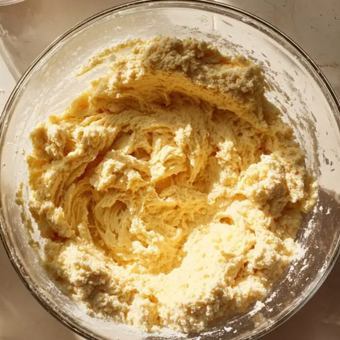 Batter in a glass bowl mid-mixing, with baking ingredients nearby.