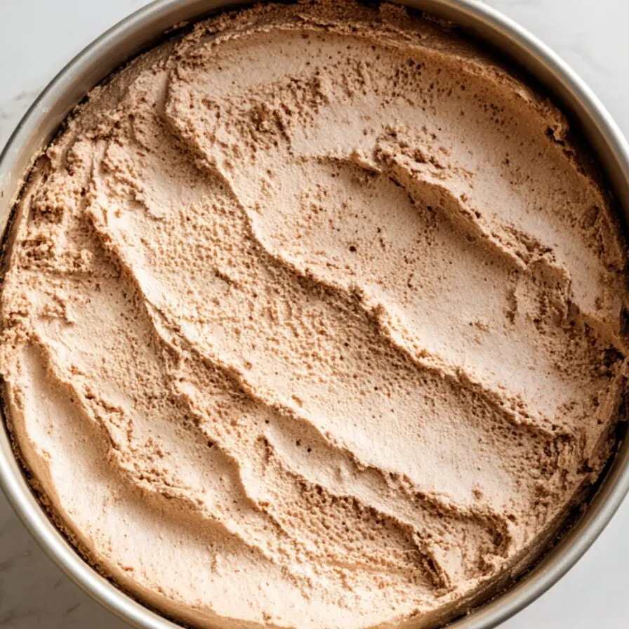Coffee-flavored ice cream layer spread over crust in a pan