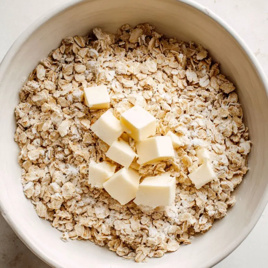 Coarse oat crumble mixture in a large mixing bowl on white counter.

