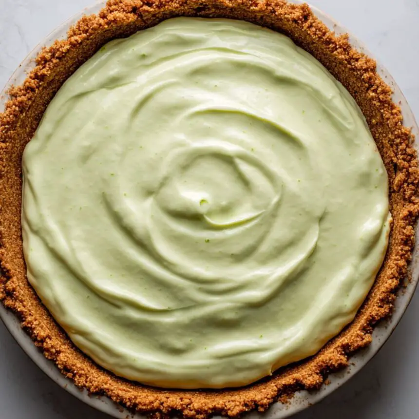 Pistachio pie filled and topped with Cool Whip before chilling