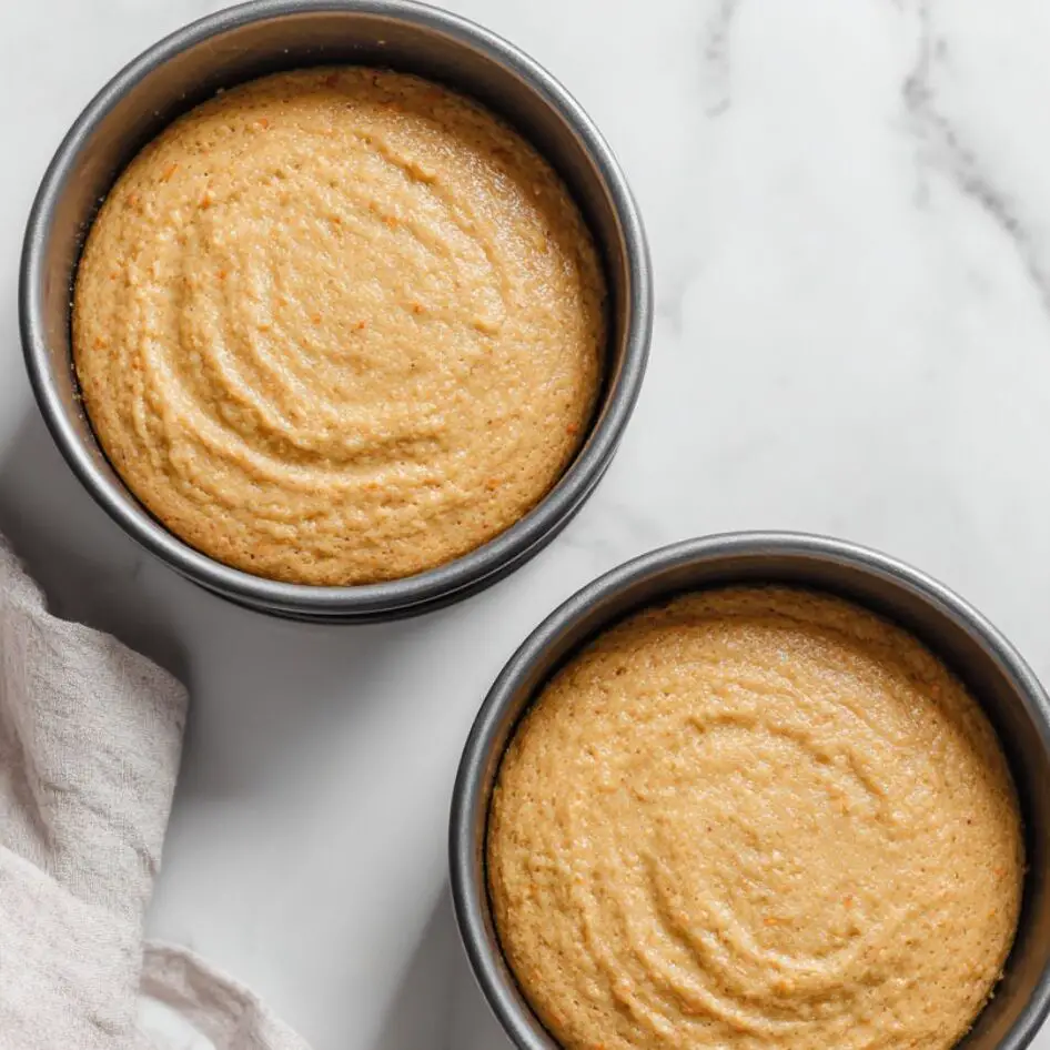 Carrot cake batter ready to bake in pans