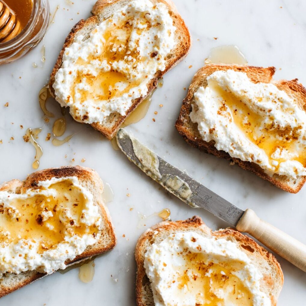 Ricotta spread on toast with honey being layered