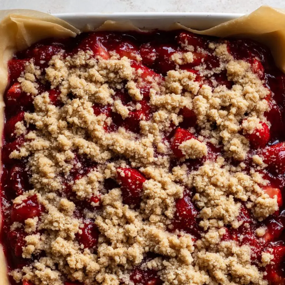 Strawberry filling and crumble topping layered in a baking pan before baking

