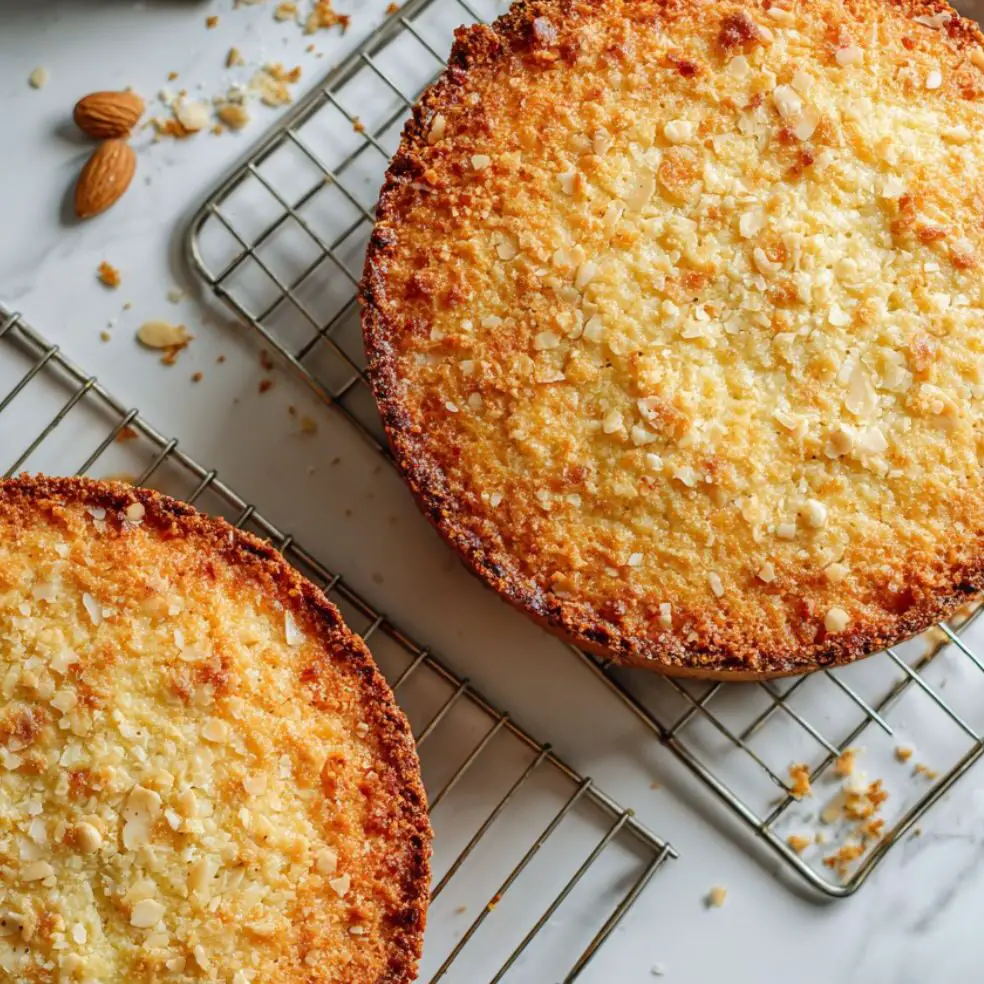 Golden almond cake layers cooling on wire racks.
