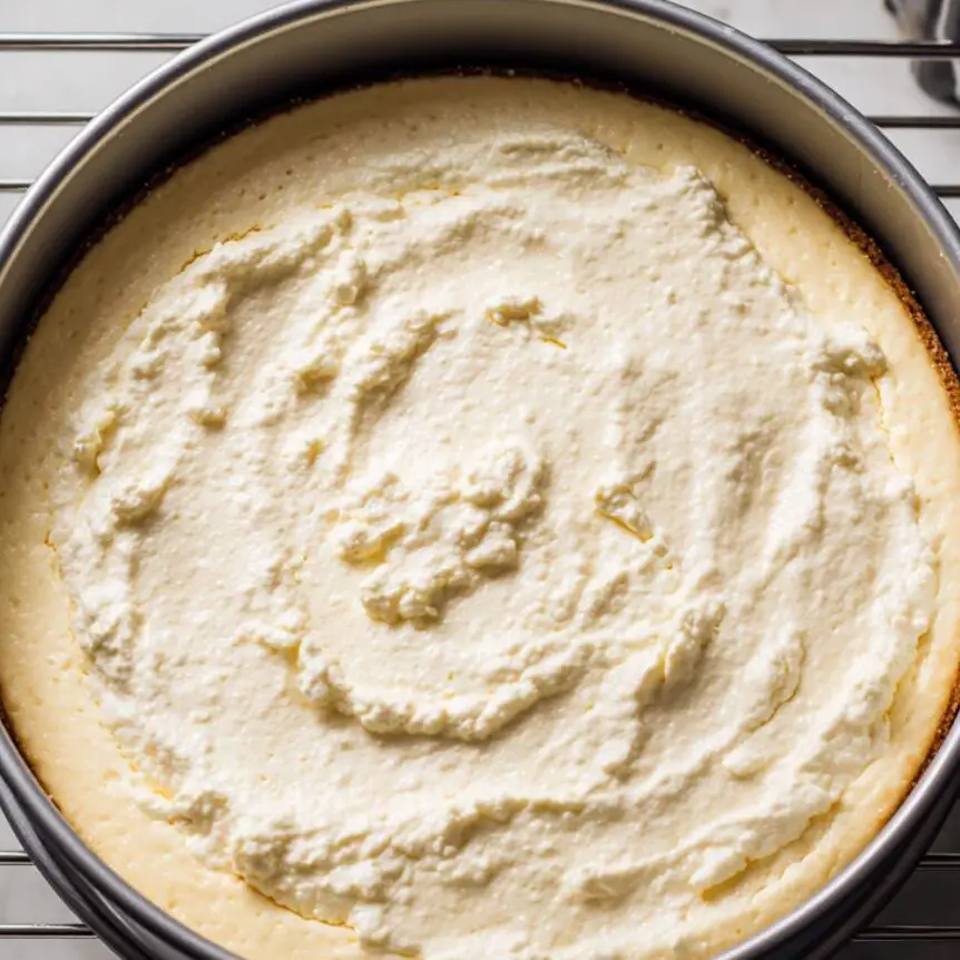 Cheesecake baking in the oven with lightly browned edges

