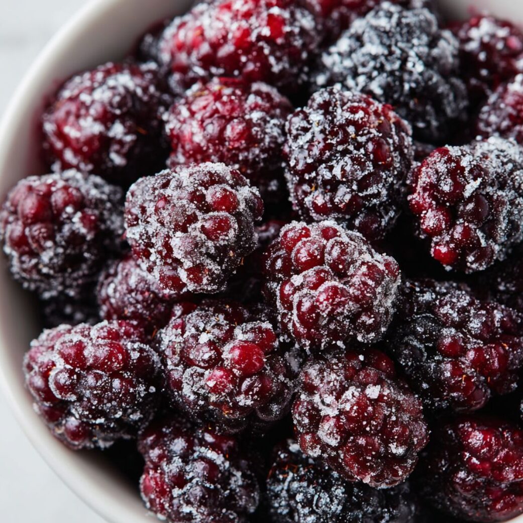 Bowl of sugared blackberries mixed with lemon and cornstarch.
