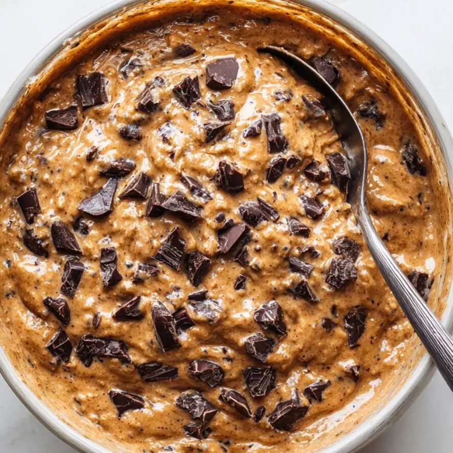 Mocha muffin batter with dark chocolate chunks