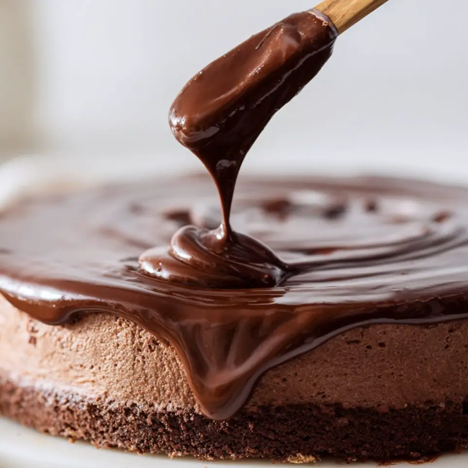 Smooth chocolate ganache being poured or spread over ice cream cake