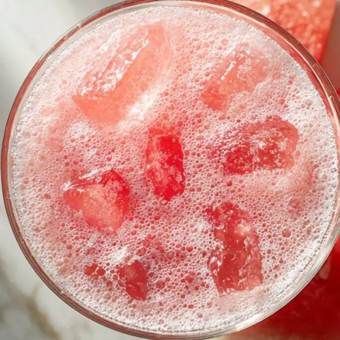 Watermelon lime juice served over ice in a clear glass