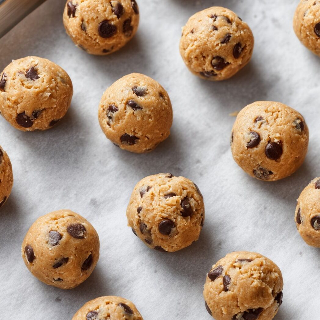 Unbaked cookie dough balls on parchment paper ready for chilling

