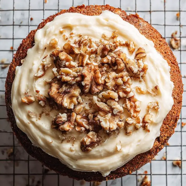 Cooled carrot cake with cream cheese frosting on a rack