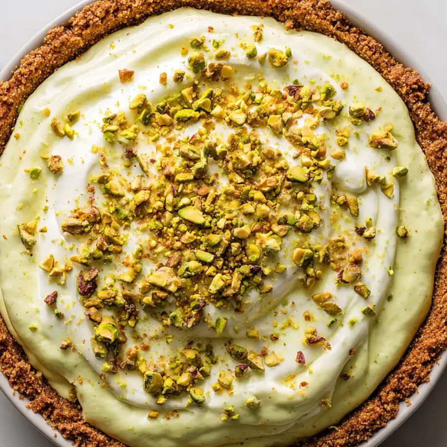 Sliced pistachio pie garnished with crushed pistachios ready to serve